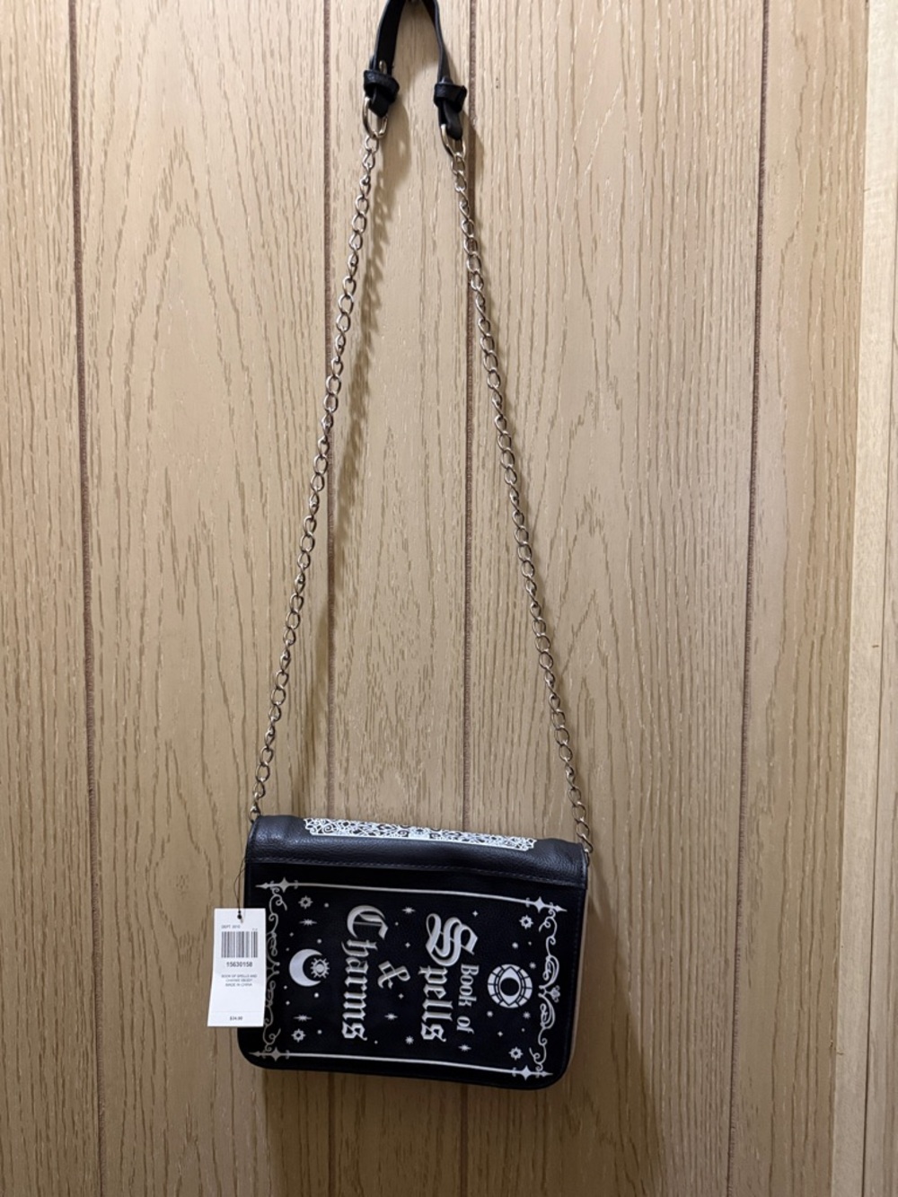 Hot Topic Black Spellbook Crossbody with Chain Strap and White Print